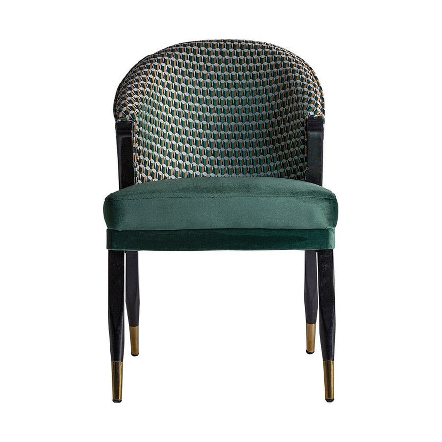 Kortárs stílusú, kaucsukfából készült, formatervezett art deco bársony karosszék. Zöld, okker és ezüstszínű mintás bársonnyal a háttámláján.