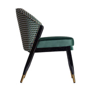 Kortárs stílusú, kaucsukfából készült, formatervezett art deco bársony karosszék. Zöld, okker és ezüstszínű mintás bársonnyal a háttámláján.