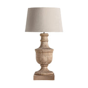 Mangófából faragott, nagyméretű, natúr színű asztali lámpa pamut lámpaernyővel,