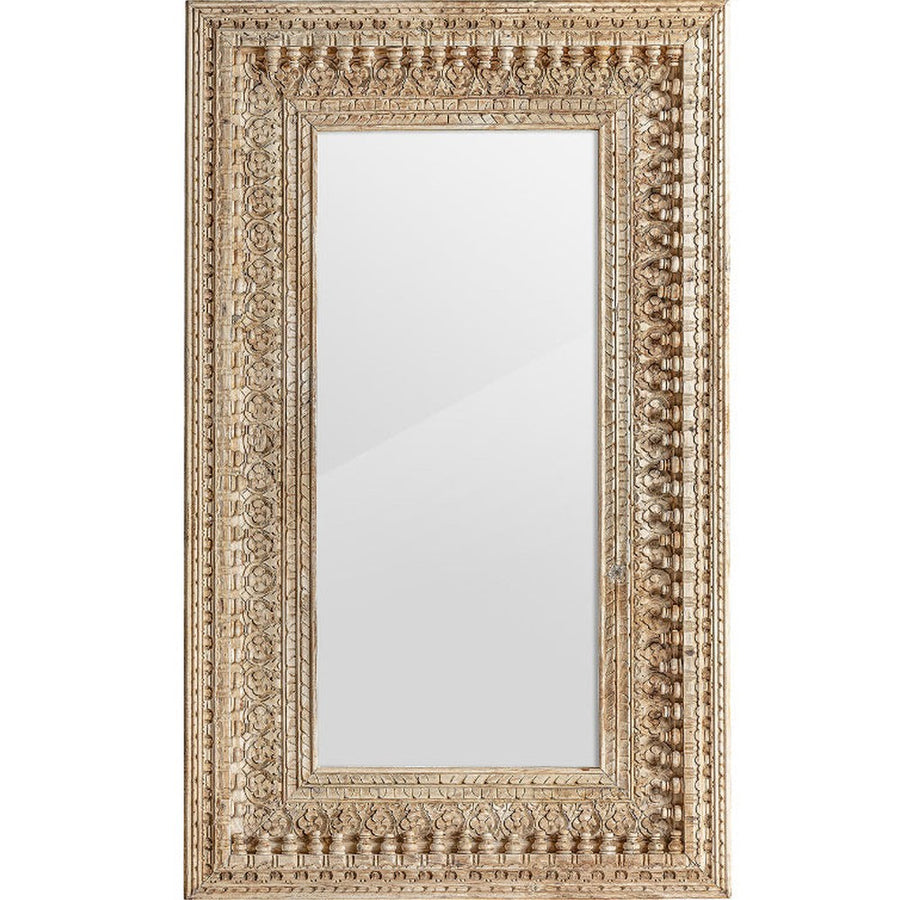 Keleti stílusú, dekoratív faragásokkal díszített falitükör mangófakerettel.