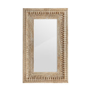 Keleti stílusú, dekoratív faragásokkal díszített falitükör mangófakerettel.