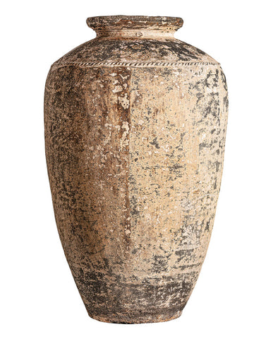 Óriás méretű, mediterrán stílusú, antikolt terrakotta színű, kézműves kerámia váza.
