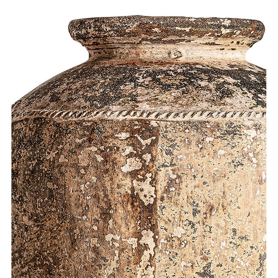 Óriás méretű, mediterrán stílusú, antikolt terrakotta színű, kézműves kerámia váza.
