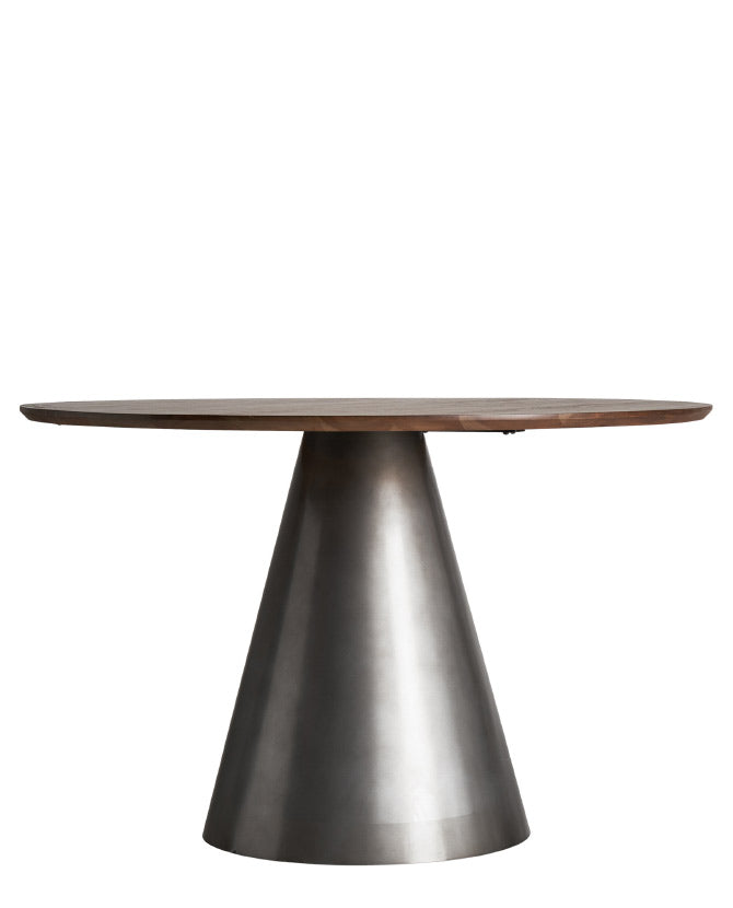 Kortárs stílusú, egyedi formatervezésű, dizájn étkezőasztal fém oszloplábbal és fa asztallappal.