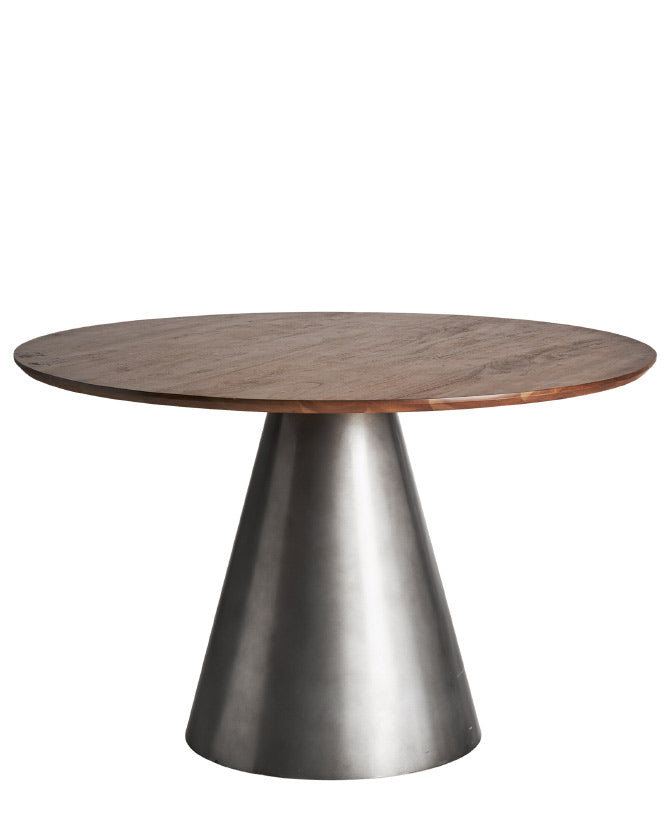 Kortárs stílusú, egyedi formatervezésű, dizájn étkezőasztal fém oszloplábbal és fa asztallappal.