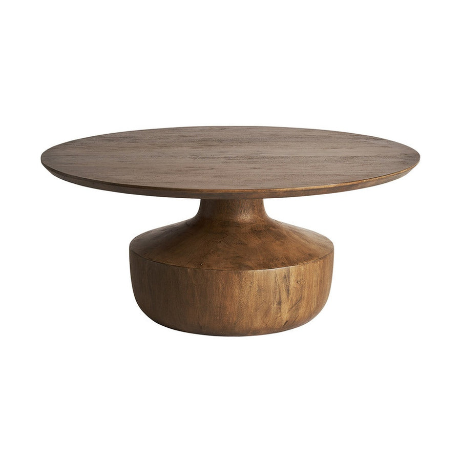 Kortárs stílusú, fenyőfából készült, 90 cm átmérőjű, vázaformájú dohányzóasztal.