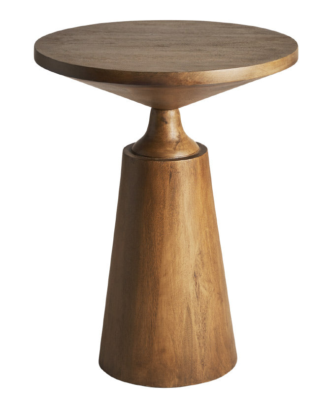 Kortárs stílusú, fenyőfából készült, vázaformájú lerakóasztal kisasztal.