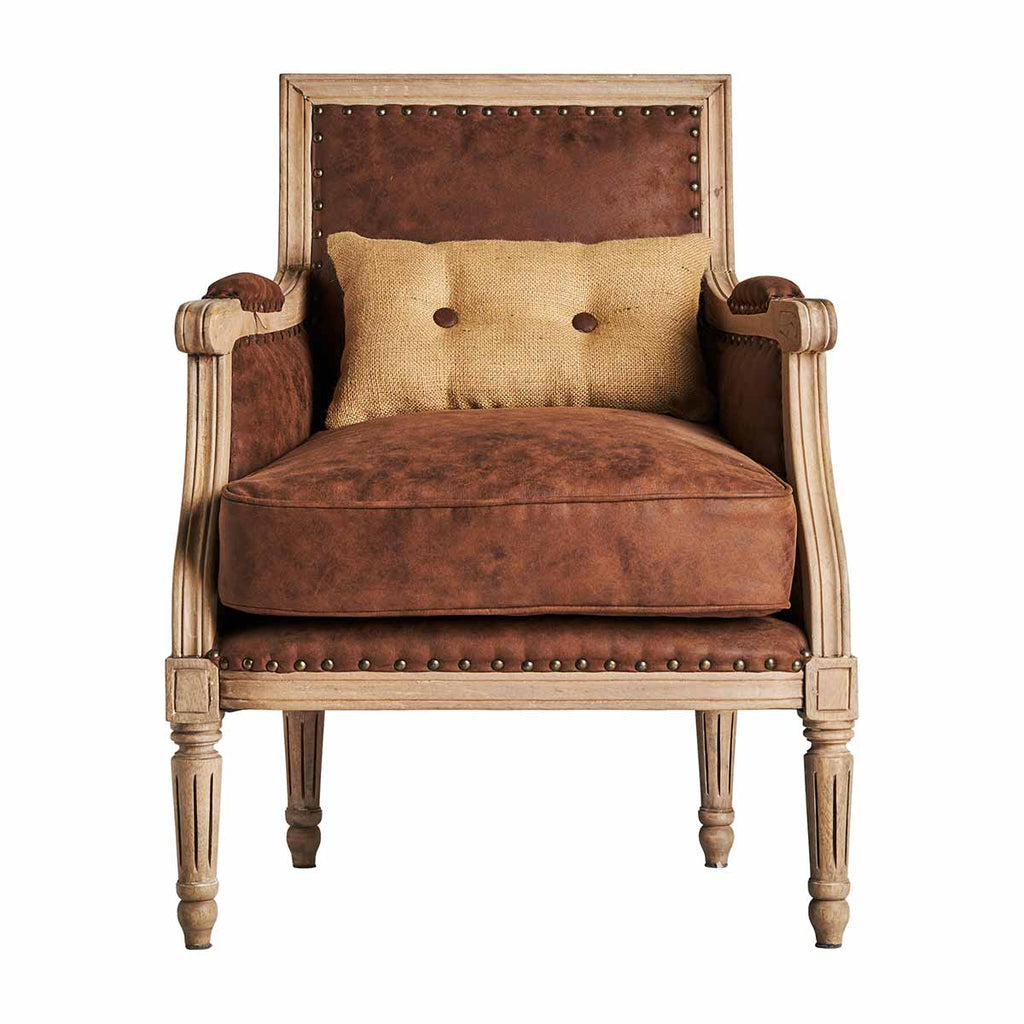 Koloniál stílusú, mangófából faragott, bőrhatású, barna színű kárpittal és zsákvászonnal kárpitozott fotel. 