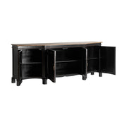 Koloniál stílusú, mangófából készült, fekete színű tálalókomód polcai.