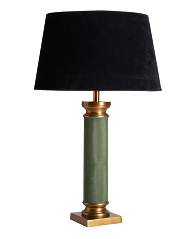 Kortárs stílusú, nagyméretű, zöld és aranyszínű asztali lámpa fekete színű, textil lámpaernyővel.