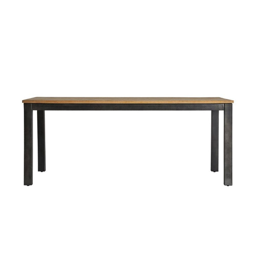 Ipari stílusú, mangófából és fémből készült étkezőasztal.