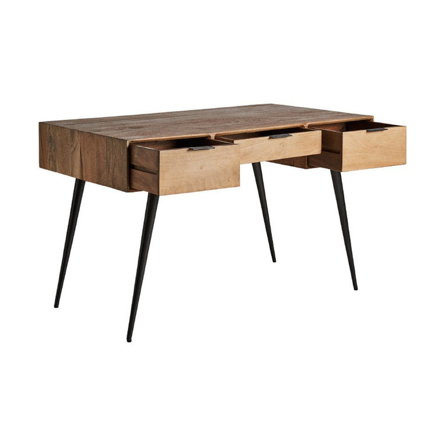 Loft stílusú, mangófából készült íróasztal fekete színű fém lábakon.