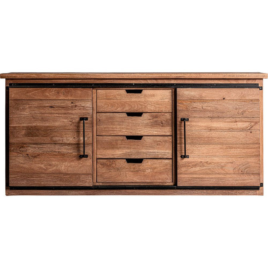 Kortárs, loft stílusú, mangófából készült tálaló fiókokkal és tolóajtós tárolóval.