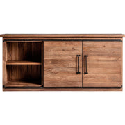 Kortárs, loft stílusú, mangófából készült tálaló fiókokkal és tolóajtós tárolóval.