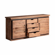 Kortárs, loft stílusú, mangófából készült tálaló fiókokkal és tolóajtós tárolóval.