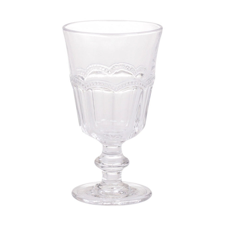 Vintage stílusú, pontozott dombormintával díszített átlátszó üvegű borospohár.