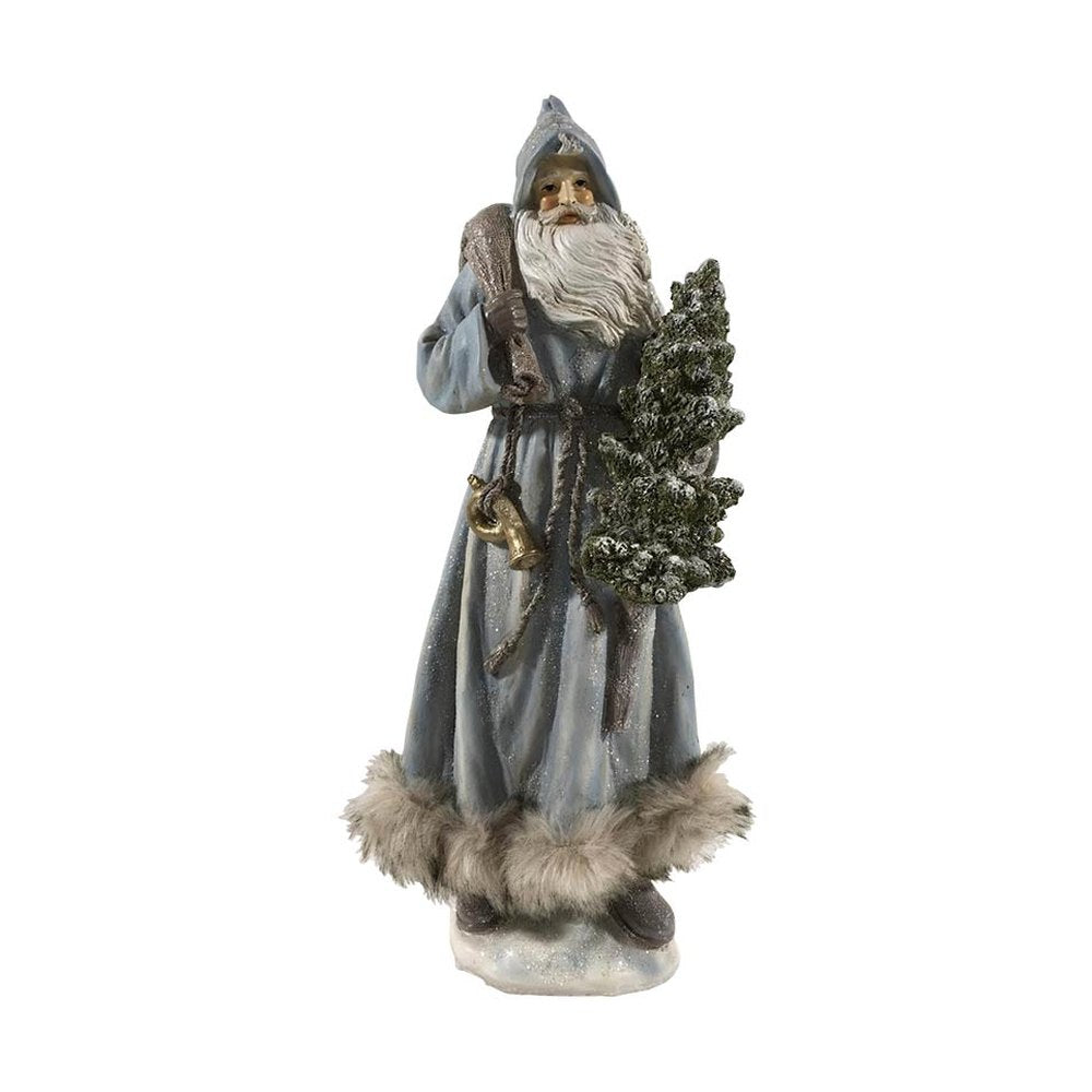 Vintage stílusú, prémszegéllyel díszített, nagyméretű, 37,5 cm magas, kék színű, deres Télapó figura