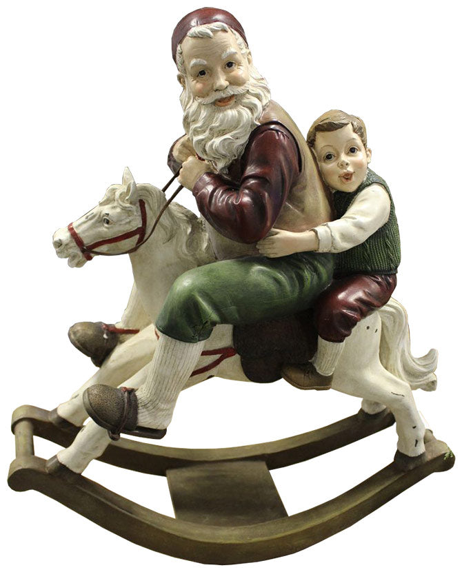 Prémium kategóriás, nagyméretű, 55 cm magas, antikolt felületű, vintage stílusú karácsonyi hintaló Télapóval és kisfiúval