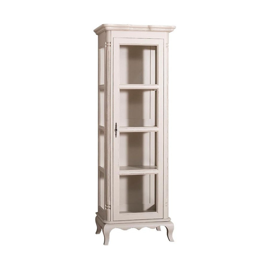 Shabby chic stílusú, antikolt fehér színű vitrin szekrény három polccal.