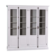 Impozáns fenyőfa könyvszekrény, két darab kétszárnyú ajtóval, melyek mindegyike kétharmad részt üvegezett. A bútor külső színe fehér, belül világos szürke.