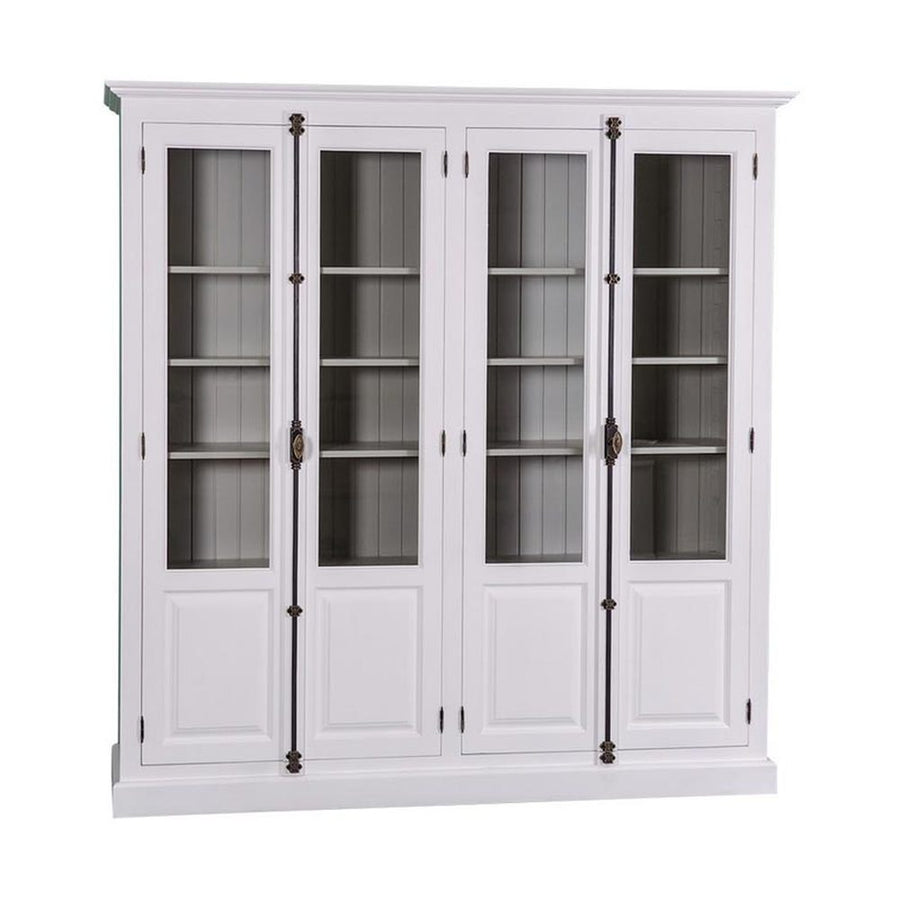 Impozáns fenyőfa könyvszekrény, két darab kétszárnyú ajtóval, melyek mindegyike kétharmad részt üvegezett. A bútor külső színe fehér, belül világos szürke.