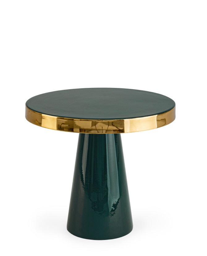 Glamour stílusú, zománcozott acélból készüt, zöld-arany színű, kerek formájú kisasztal.