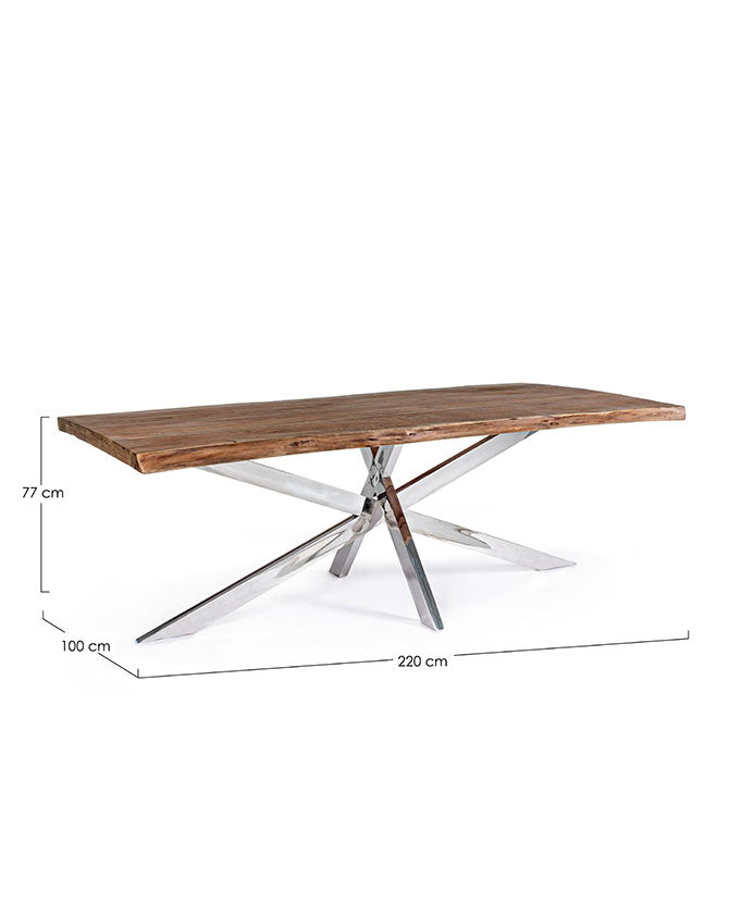 Kortárs stílusú akácfa étkezőasztal rozsdamentes acélból készült lábakkal méretekkel.
