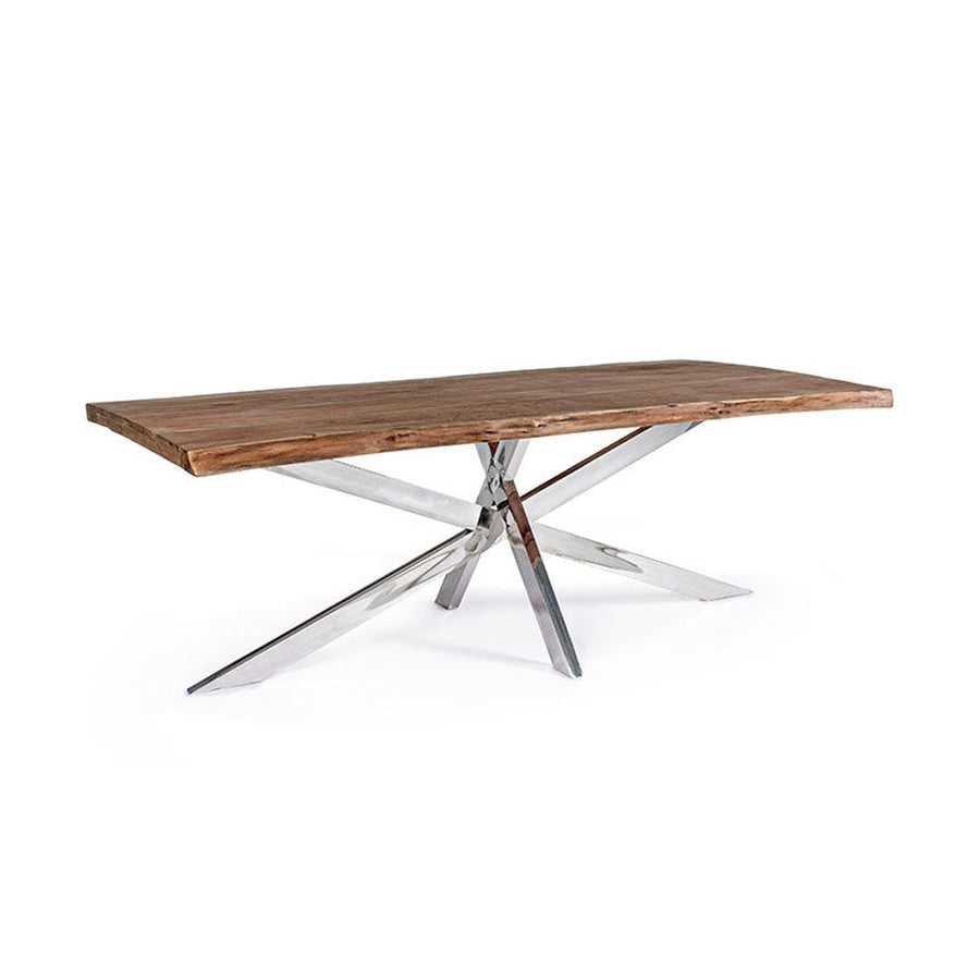 Kortárs stílusú akácfa étkezőasztal rozsdamentes acélból készült lábakkal.