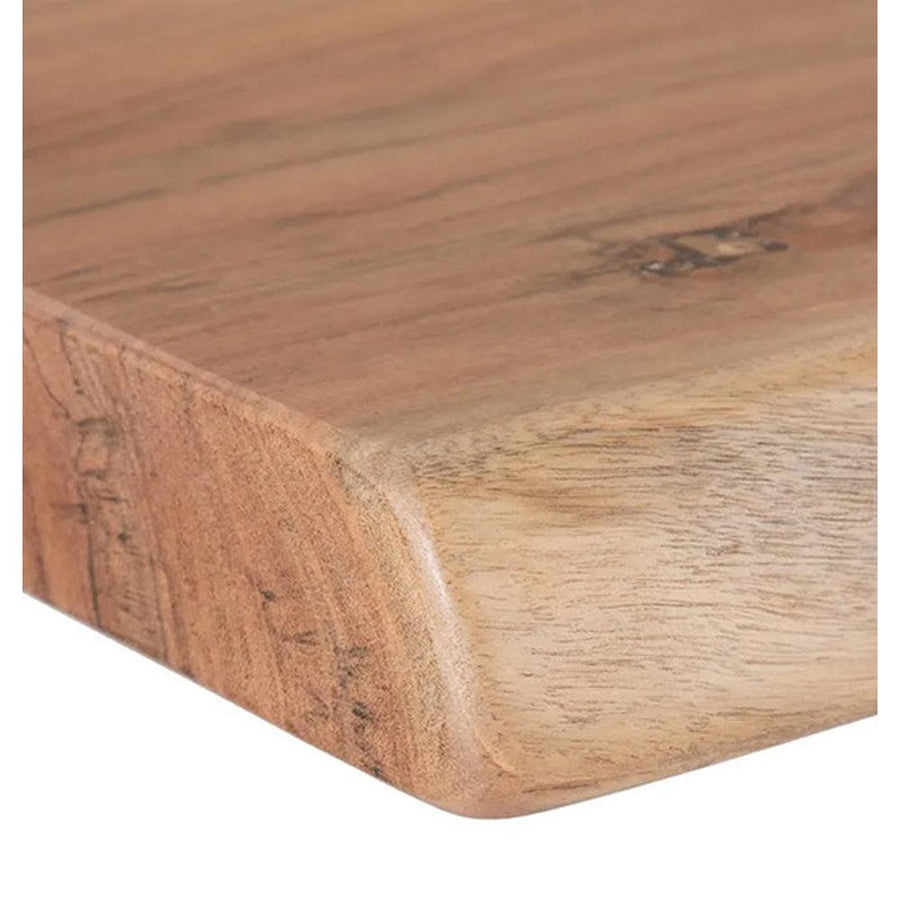 Óriás méretű, 300 cm hosszú, 5 cm vastag akácfa lappal és egyedi formájú, masszív acél láb alappal készült formatervezett, kortárs dizájn multifunkcionális asztal