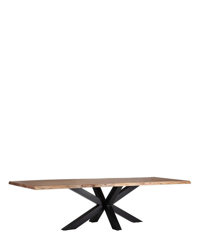 Óriás méretű, 300 cm hosszú, 5 cm vastag akácfa lappal és egyedi formájú, masszív acél láb alappal készült formatervezett, kortárs dizájn multifunkcionális asztal
