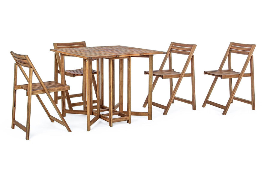 Akácfából készült, változtatható szélességű kerti asztal négy darab székkel.