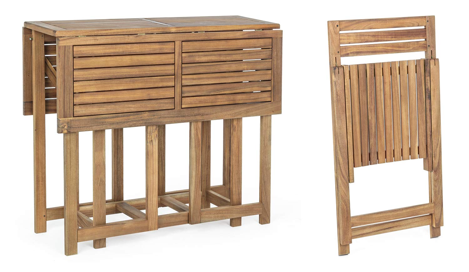 Akácfából készült, változtatható szélességű kerti asztal négy darab székkel.