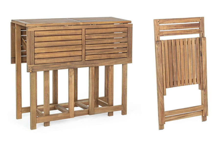 Akácfából készült, változtatható szélességű kerti asztal négy darab székkel.