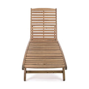 Akácfából készült, 195 cm hosszú, kerekes kialakítású, dönthető háttámlájú, kerti napozóágy.