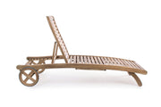 Akácfából készült, 195 cm hosszú, kerekes kialakítású, dönthető háttámlájú, kerti napozóágy.