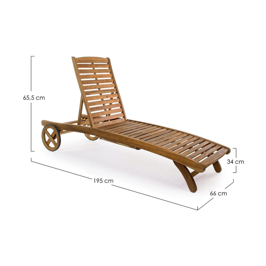 Akácfából készült, 195 cm hosszú, kerekes kialakítású, dönthető háttámlájú, kerti napozóágy.