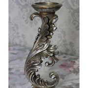Patinás felületű, 36 cm magas, antik ezüst színű, barokkos jellegű, akantuszleveles gyertyatartó