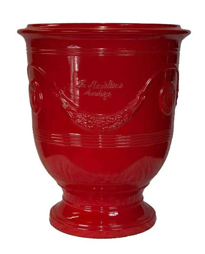Prémium minőségű, paradicsom piros színű kézműves Anduze kerámia kaspó a "Vase d'Anduze" kollekcióból