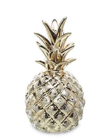 Kerámiából készült, 16 cm magas, trópusi, glamour stílusú, pezsgőarany színű ananász dísz.