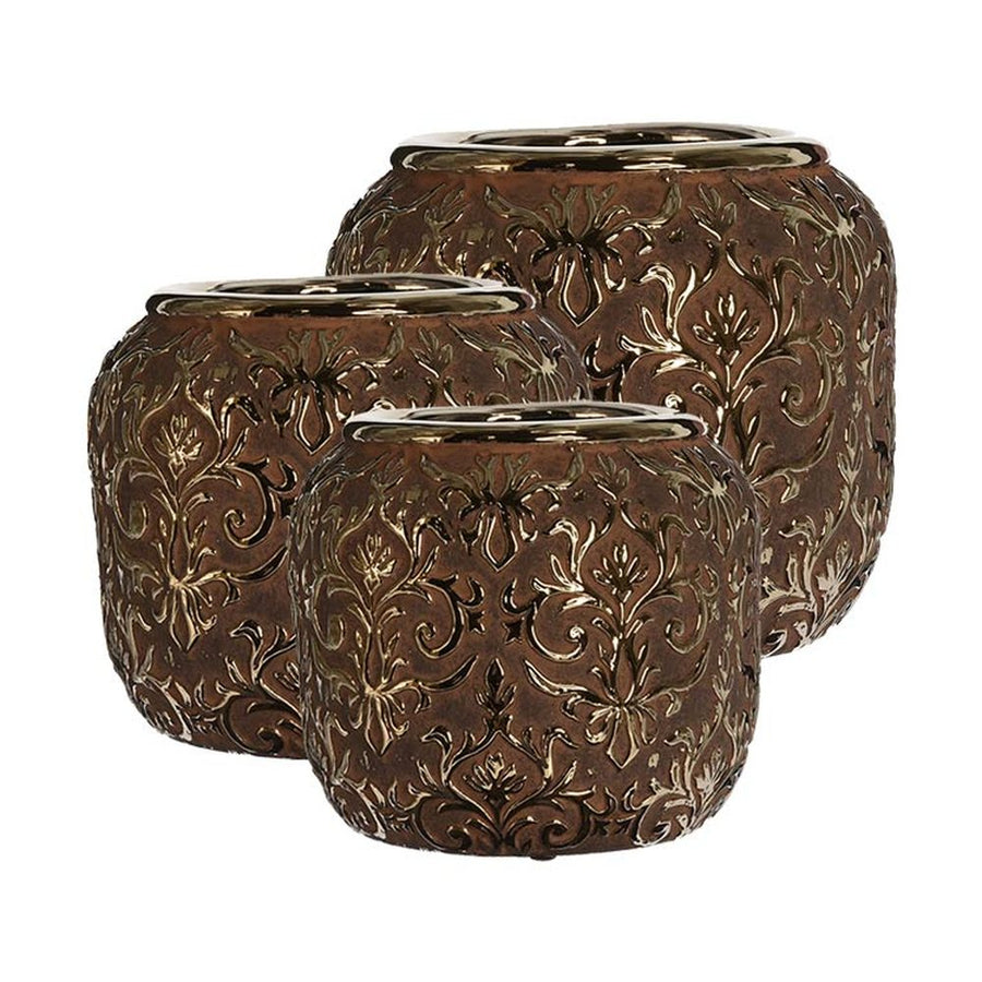 Aranyszínű barokk dombormintával díszített, modern, glamour stílusú kerámia kaspó.