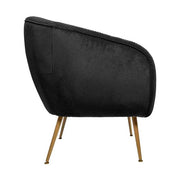 Art Deco stílusú, fekete színű bársonnyal kárpitozott fotel, arany színű fém lábakkal