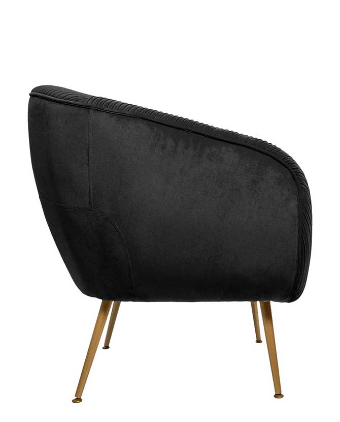Art Deco stílusú, fekete színű bársonnyal kárpitozott fotel, arany színű fém lábakkal