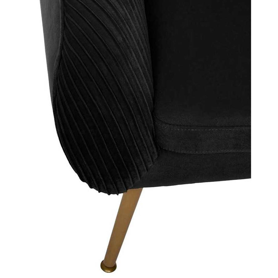 Art Deco stílusú, fekete színű bársonnyal kárpitozott fotel, arany színű fém lábakkal