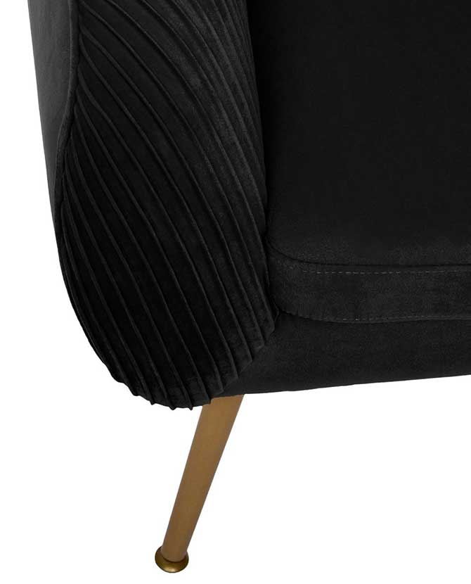 Art Deco stílusú, fekete színű bársonnyal kárpitozott fotel, arany színű fém lábakkal
