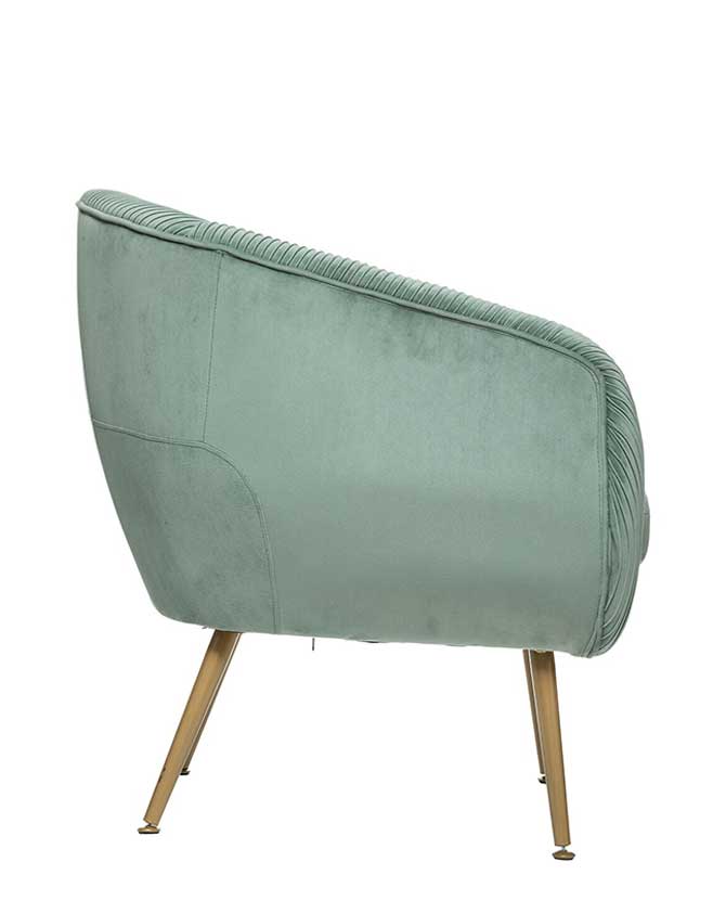 Art Deco stílusú, jáde zöld színű bársonnyal kárpitozott fotel, arany színű fém lábakkal