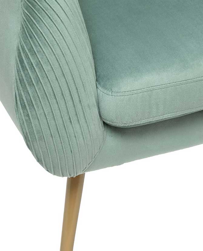 Art Deco stílusú, jáde zöld színű bársonnyal kárpitozott fotel, arany színű fém lábakkal