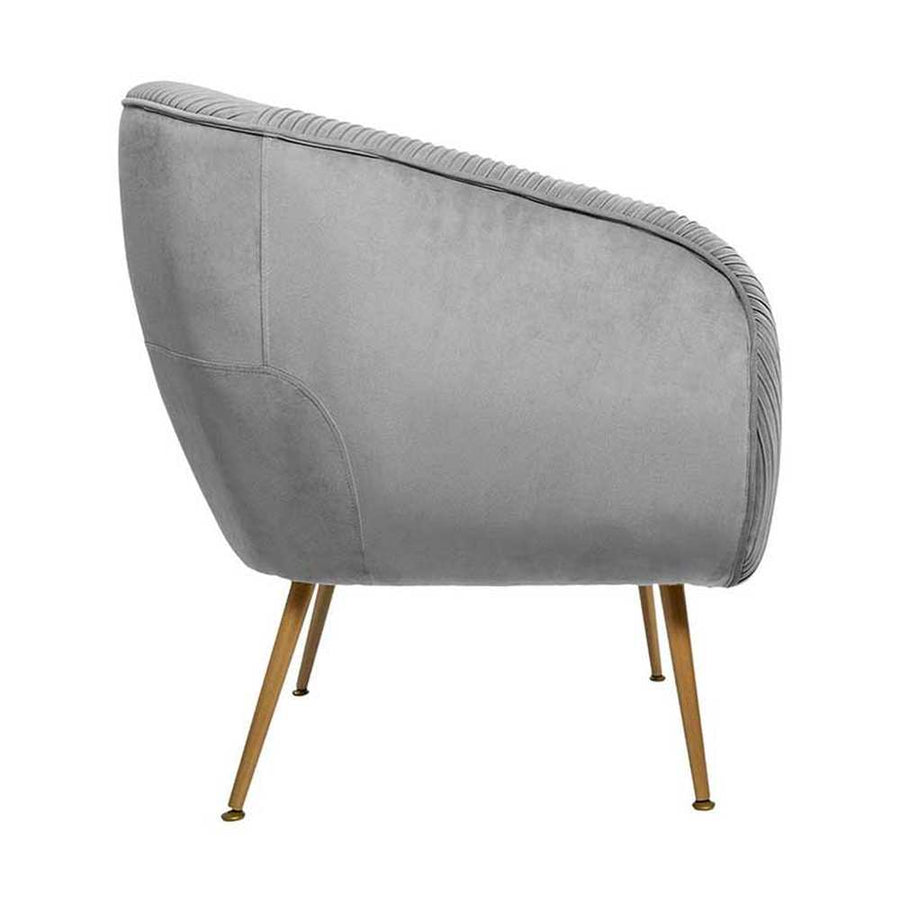 Art Deco stílusú, szürke színű bársonnyal kárpitozott fotel, arany színű fém lábakkal