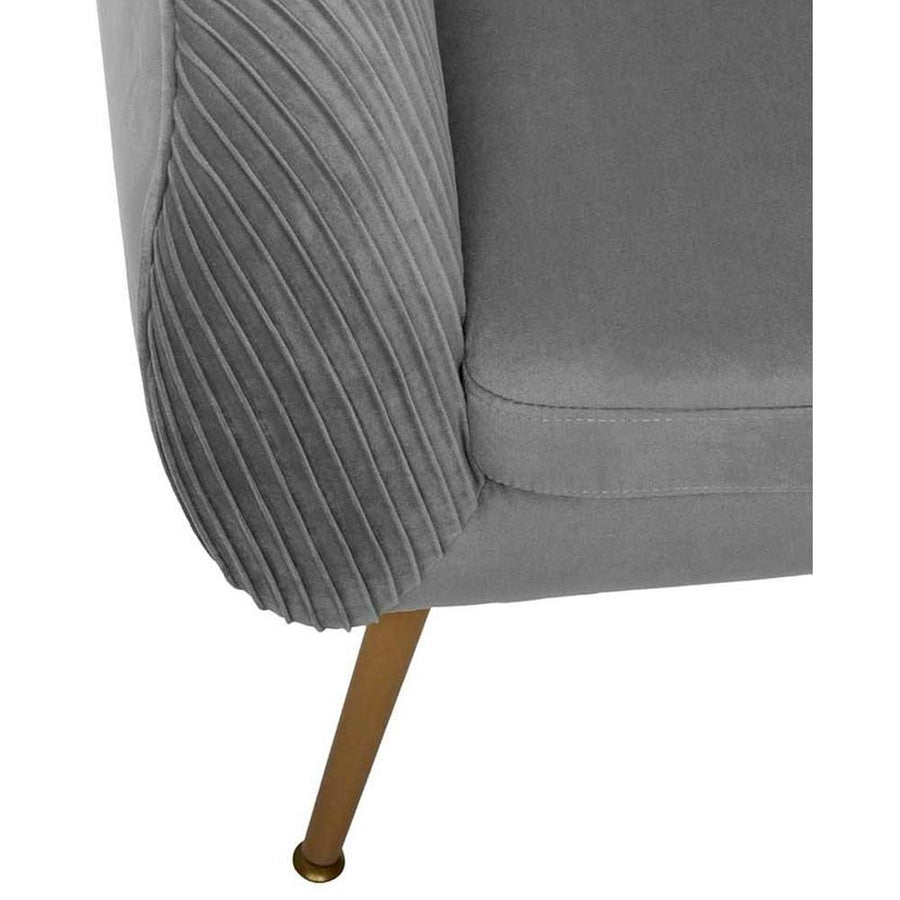 Art Deco stílusú, szürke színű bársonnyal kárpitozott fotel, arany színű fém lábakkal