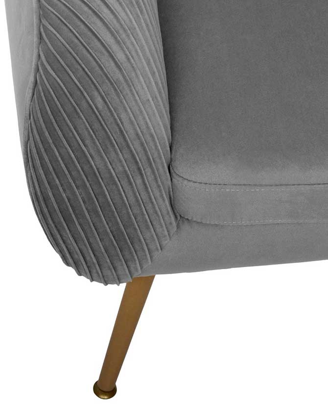 Art Deco stílusú, szürke színű bársonnyal kárpitozott fotel, arany színű fém lábakkal