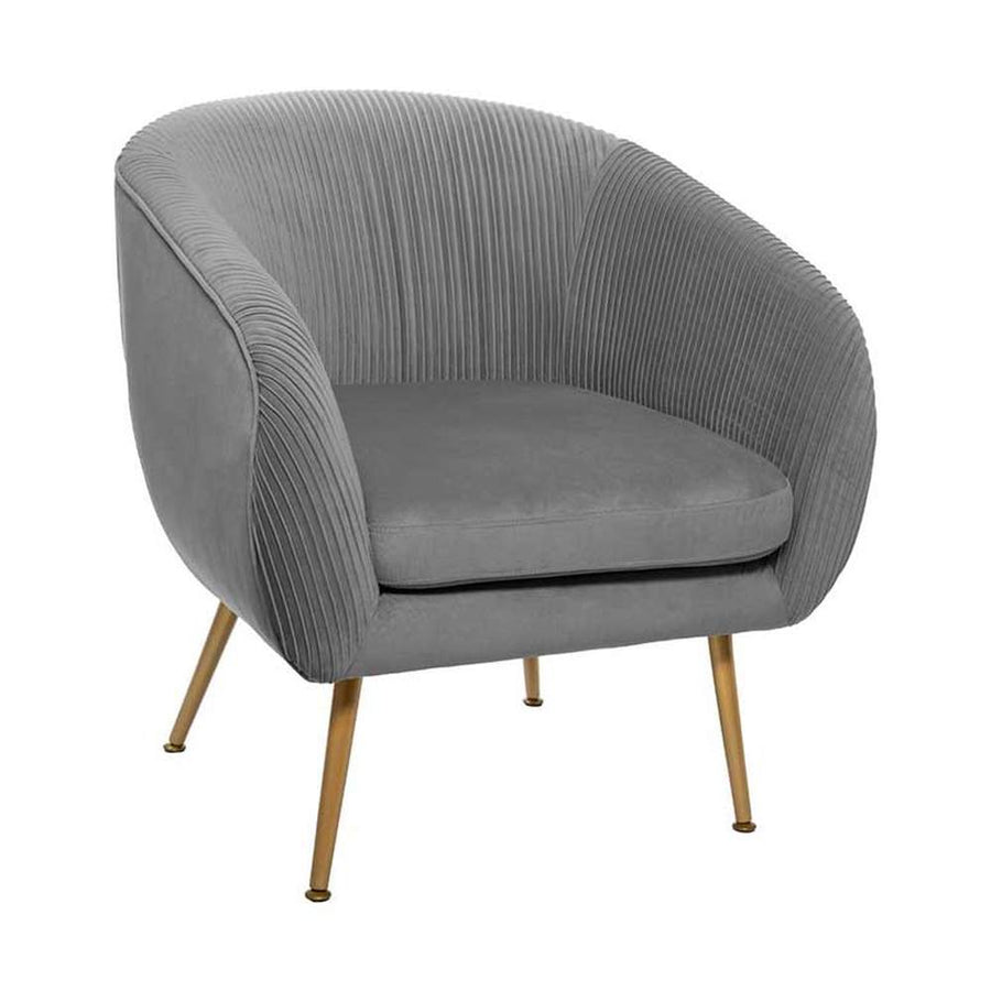 Art Deco stílusú, szürke színű bársonnyal kárpitozott fotel, arany színű fém lábakkal